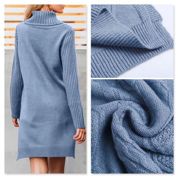 Blue Cable Knit Turtleneck Side Slit Sweater - Picture 4 of 8